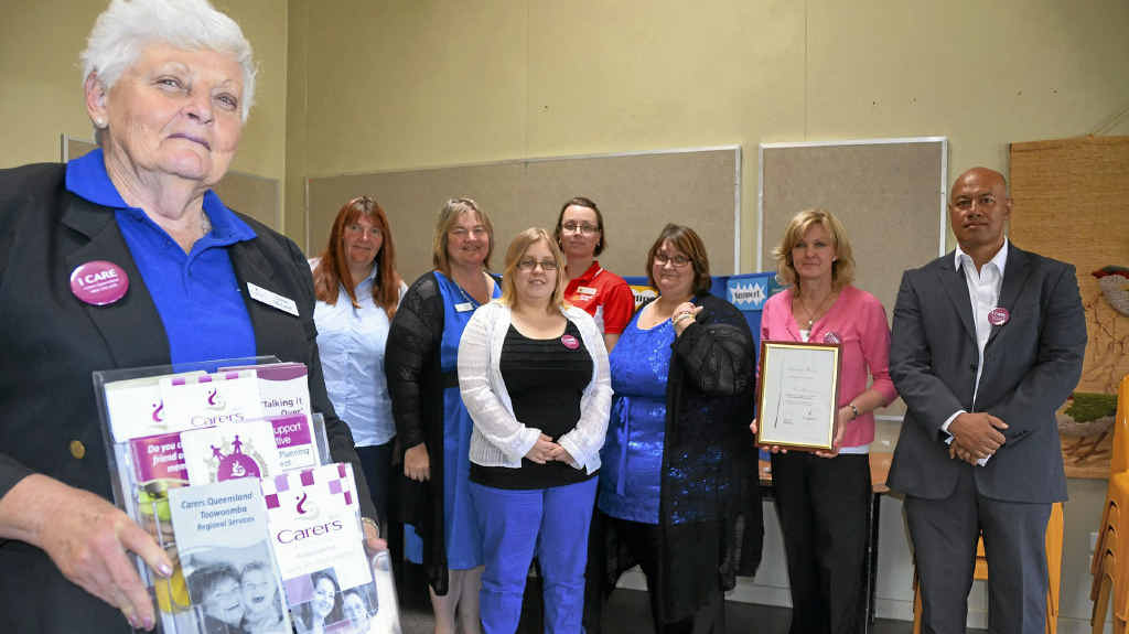 CARE ABOUT CARERS: (From left) Carers Queensland volunteer Gwen McLeod, carer Adelia East, Carers Qld family carers support officer Katrina Smith, young carer Elizabeth Dennis, Heritage Bank branch manager Jennyfer Bourzali, carer Vicki Egmanis, Carers Qld project manager Janet Jarvis and Carers Qld South West manager Tiso Fiaola at the Carer Friendly Business Awards at Slade School yesterday. CARE ABOUT CARERS: (From left) Carers Queensland volunteer Gwen McLeod, carer Adelia East, Carers Qld family carers support officer Katrina Smith, young carer Elizabeth Dennis, Heritage Bank branch manager Jennyfer Bourzali, carer Vicki Egmanis, Carers Qld project manager Janet Jarvis and Carers Qld South West manager Tiso Fiaola at the Carer Friendly Business Awards at Slade School yesterday.